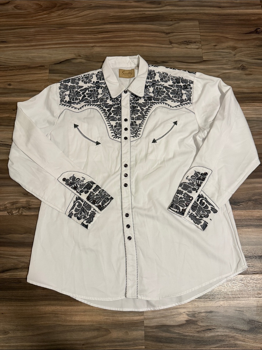 Scully Western Cowboy Embroidered Pearl Snap Gunfighter Shirt Men's XL Ivory